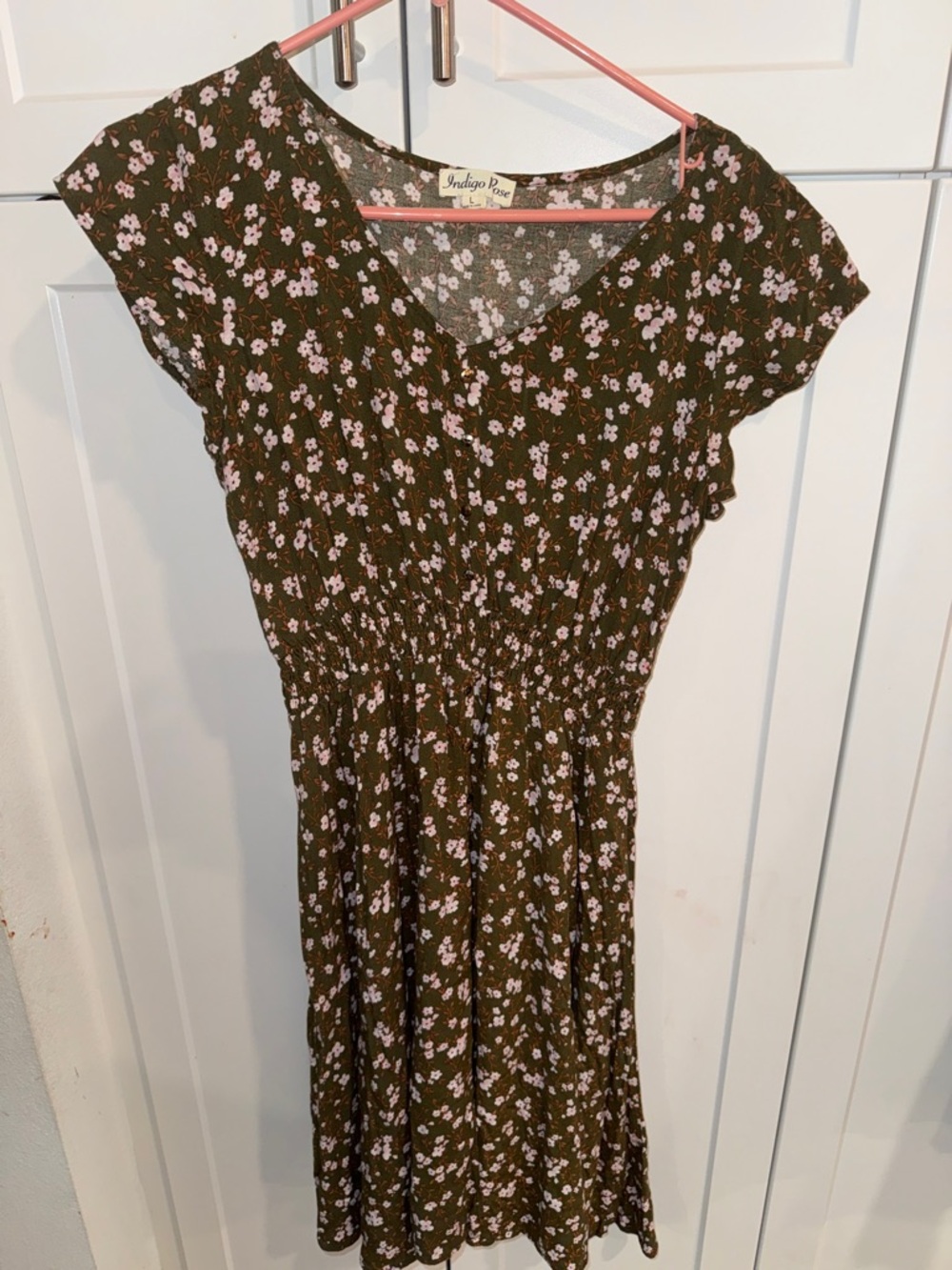 Olive Floral V-Neck Smocked Waist Dress
